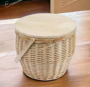 Handmade Rectangular Natural Wicker Craft Willow Picnic Storage Rattan <b>Baskets</b> <b>With</b> Cooler Wood Desk <b>with</b> <b>Lid</b> and Handle - Product Image 6