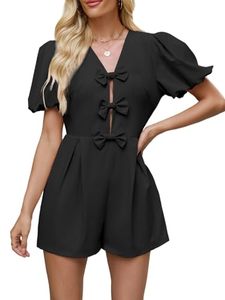 Mono de mujer negro con cuello en V, mangas abullonadas, detalle de lazo, cintura alta, informal, para primavera/verano, de color liso y manga corta. - Product Image 1