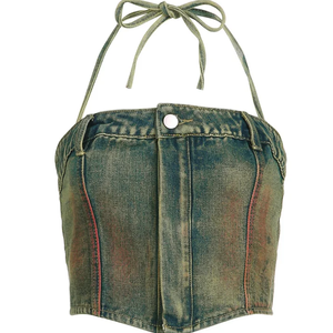 Ensemble 2 pièces tendance vintage en jean, crop top et jupe, décontracté, sexy, mignon, sans bretelles, avec strass, imprimé délavé, coupe skinny, style Y2K pour l'été - Product Image 5