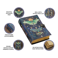 Sort Livre des Ombres En Cuir Journal Serrure Fermoir Luna Moth Papillon Imprimer Vintage Sorcellerie Wiccan Notebook 7x5 Pouces