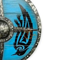 Bouclier Viking avec motif Hugin Munin, finition nickel noir poli, bleu antique et blanc, aspect vieilli, en métal, pour la maison
