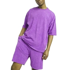 Conjunto de dos piezas de algodón 100% lavado con ácido Vintage Unisex, ropa de calle para hombre, camiseta y pantalones cortos, chándal de verano de talla grande personalizado - Product Image 1