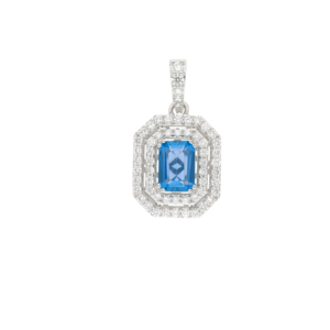Pendentif classique pour femme en or blanc 14 carats plaqué rhodium avec diamant naturel, taille brillant rond et double halo - Product Image 1