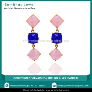 Jolies femmes naturel rose calcédoine bleu Lapis Lazuli pierres précieuses boucles d'oreilles plaqué or 925 en argent Sterling fête de mariage - Product Image 4