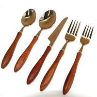 Ensemble de couverts en acier inoxydable de restaurant doré manche en bois 24 pièces vaisselle durable mariages fêtes couteau cuillère argenterie - Product Image 5