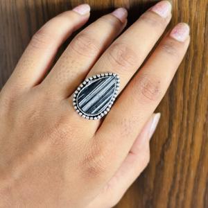 High Quality Natural Pear shape <b>Black</b> Tourmaline Silver Plated <b>Rings</b> Wholesale Brass Gemstone Fashion <b>Ring</b> Waterproof Jewelry - Product Image 1