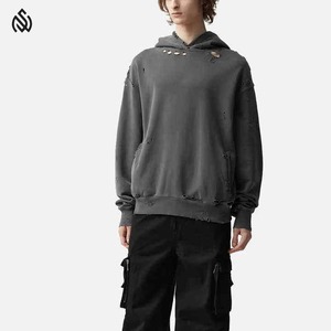 100% coton poids lourd en détresse sweat à capuche blanc hommes à capuche Vintage hiver complet en détresse hommes sweats à capuche - Product Image 6