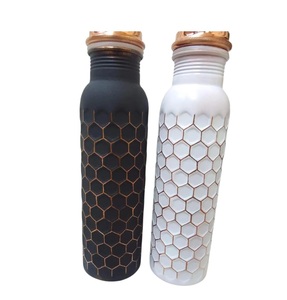 Copper <b>Water</b> <b>Bottle</b> Set Of 2 Handmade Ayurvedic Honeycomb Diamond Cut Design Leak-Proof <b>Black</b> & White Health Wellness Vessel - Product Image 1