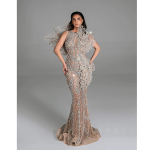 Robe de mariée longue en satin de qualité supérieure, broderie artisanale traditionnelle, col montant, style élégant pour soirée, imprimé floral, ornée de perles, naturelle - Product Image 1