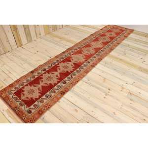 Tapis vintage 2,8 x 12,2 pieds, tapis, tapis à bordure rouge en laine - Product Image 1
