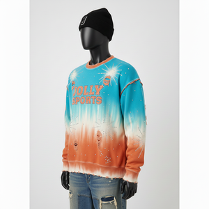 Sudadera de Felpa de Alta Calidad con Lavado Ácido, Estilo Desgastado en Azul y Naranja, con Pedrería, Logotipo de Chenilla Personalizado, Sudadera Básica - Product Image 4