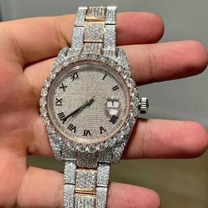 Montre pour homme à cadran rond avec diamants Moissanite, bande or et argent, entièrement sertie, clarté VVS, bijoux de luxe Hip Hop, montre-bracelet - Product Image 1