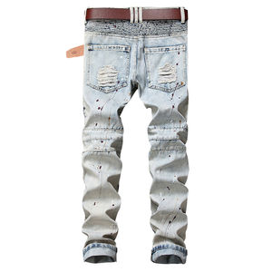 กางเกงยีนส์ของผู้ชายที่ได้รับการออกแบบโดยผู้ผลิตกางเกงยีนส์ยืดได้ทรงตรงระบายอากาศสไตล์ฮิปฮอปมีปัญหาซักแล้ว - Product Image 6