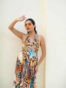 Robe midi à franges à imprimé animalier et graphique, épaules dénudées, manches cloche, robe de vacances d'été, imprimé animalier et graphique mixte - Product Image 4