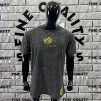 T-shirt Oversize Homme Personnalisé Streetwear Noir Délavé à l'Acide avec Imprimé Doré Effet Feuille d'Or, T-shirt Vintage Délavé à la Pierre avec Imprimé Feuille d'Or