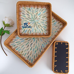 BANDEJA DE MADRE DE PERLA Premium con borde de ratán Bandeja de madera con incrustaciones artísticas para bodas y eventos especiales - Product Image 2