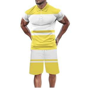 Ensemble 2 pièces en coton avec logo personnalisé pour hommes, t-shirt imprimé en forme de boîte courte et ensemble short streetwear tricoté - Product Image 1