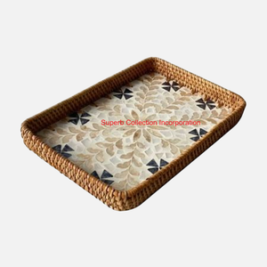 Plateau de service en rotin rond élégant avec incrustation de nacre feuille verte plateau en osier écologique pour la cuisine, la salle à manger et la décoration intérieure - Product Image 2