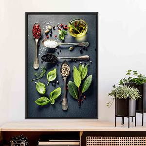 Tableau sur toile imprimé moderne : motif élégant d'herbes et d'épices, toile encadrée noire - Product Image 1