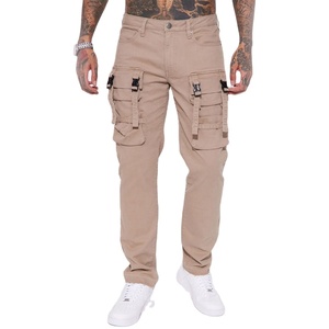 Pantalones Cargo Beige para Hombre, 100% Algodón, Corte Slim Fit, con Tirantes de Hebilla y Cierre de Botones, en Oferta - Product Image 1