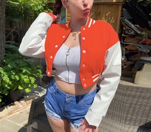OEM Custom Logo <b>Women</b> Streetwear Blank Plain Baseball Crop <b>Jackets</b> Customized <b>Women's</b> Cropped Varsity <b>Jacket</b> for Your Brand - Product Image 3