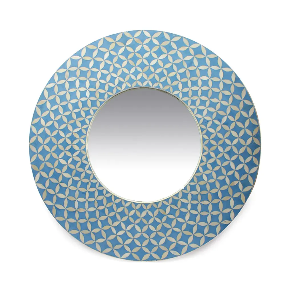 Unique Blue Round Shape Geometrical Bone Inlay Mirror Frame 32x32 Hall Way Decorative Home Looking Glass at Wholesale Price