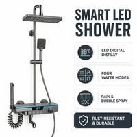 Ensemble de douche mural en aluminium gris anthracite avec affichage LED, pommeau de pluie carré et douchette à main massante, 4 jets, design moderne