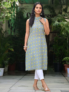 Kurti sin Mangas para Mujer, de Algodón, con Estampado Floral Gris y Amarillo, Cuello Mao, Estilo Casual, Étnico, para Fiestas, de Secado Rápido - Product Image 3