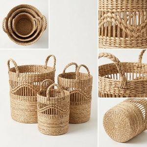 Ensemble de paniers en jacinthe d'eau et écorce de bananier naturelle, avec grille à lattes ouvertes, poignée tressée en arche, pour pot de fleurs, organisateur et décoration, Pure Art Desi - Product Image 3
