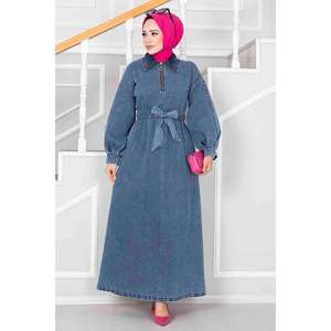 Robe Hijab en denim à demi fermeture éclair Bleu clair - Product Image 5