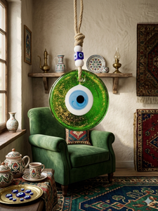 SNB1003 Handmade 13cm Light Green Glitter Glass Evil Eye <b>Wall</b> Hanging <b>Ornament</b> - Large Murano Style Turkish Nazar Bead for Home - Product Image 3