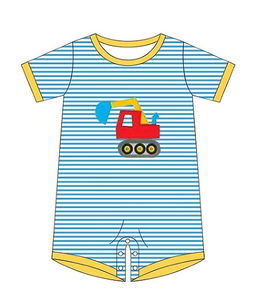 New Kids Smocked Clothes <strong>Boy</strong> Excavator Applique Embroidery <strong>Boys</strong> Boutique <strong>Clothing</strong> Sets Custom Sibling Striped Children's Rompers - Product Image 3