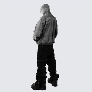 Sweat à capuche zippé Balaclava, design à empiècements lavés, noir gris, pull ninja, gothique, hiver, streetwear numérique, unisexe, ample, 100% coton - Product Image 5