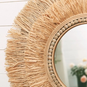 2 capas de paja tejida a mano, decoración colgante de pared hecha a mano, marcos de espejo de mimbre de bambú de ratán, decoración decorativa para dormitorio y sala de estar - Product Image 4