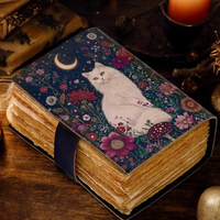 Carnet Wiccan en Cuir Fait Main avec Imprimé Chat et Artémisia Bleue, 7x5'', Reliure Thermique, 120 Feuilles, Papier à Bords Frangés, Livre de Sortilèges, Grimoire