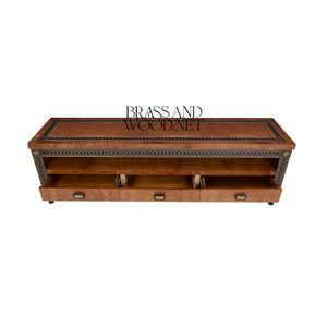 Meuble TV classique en bois avec tiroirs de rangement ouverts - Product Image 1