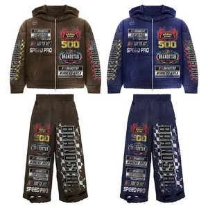 Acid Wash 2-Piece Men's Winter <b>Tracksuit</b> Set Vintage Flared Sweatpants Full Zip Hoodie Regular Fit OEM Printed High Street Style - Product Image 6