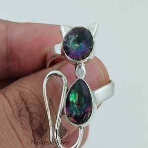 Mystic Topaz Dual Gemstone <b>Statement</b> Cat <b>Ring</b> Handmade Sterling Silver 18K for Birthday Christmas Valentine's Day Gift - Product Image 5