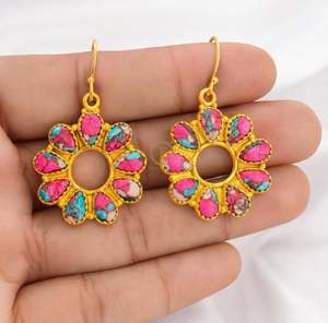 Boucles d'oreilles en coton turc turquoise, boucles d'oreilles en pierre rose et bleue, boucles d'oreilles en argent sterling 925, jaune et rose - Product Image 1