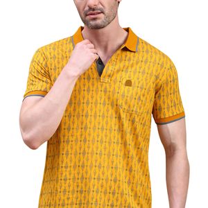 เสื้อโปโลผู้ชายทรงปกติ สีเหลือง พิมพ์ลายทั้งตัว มีกระเป๋าเสื้อ คอปกตัดสีลายดอกไม้ แขนสั้น รับสกรีนโลโก้ ตัวอย่างฟรี - Product Image 1