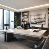 Bureau de direction moderne en L, finition laquée brillante, table d'ordinateur pour poste de travail de gestionnaire à domicile