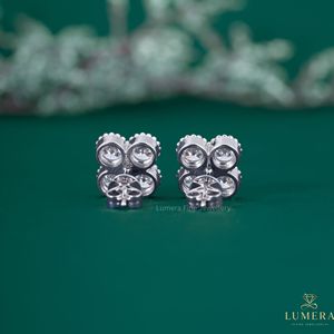 Round Cut Lab Grown Diamond Four Leaf Clover Cluster Studs Non Certified 14K Solid Gold Milgrain Beaded Floral Motif Earrings - Product Image 3