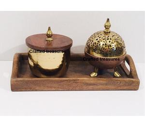 Traditional <b>Wood</b> Incense <b>Burner</b> With Brass Holder Storage Organizer Incense Holder Mubakhar Home Office Home Decor At Best Price - Product Image 3