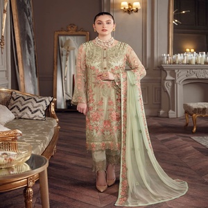 ชุดสูทแต่งงานผ้าชีฟอง3ชิ้นสำหรับผู้หญิงดีไซน์เนอร์จากปากีสถานลายบั้ง3ชิ้นสำหรับงานปาร์ตี้อินเดียและปากีสถาน - Product Image 4