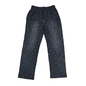 กางเกงวอร์มผู้ชายผ้าฝ้ายเนื้อหนักทรงโอเวอร์ไซส์แบบมีเชือกผูกเอว ล้างสีแบบแอซิดวอช คุณภาพสูง แบบเรียบๆ ไม่มีลาย - Product Image 3