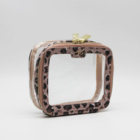 Pochette cosmétique transparente en PVC avec logo personnalisé et bordure léopard, étui de rangement élégant et étanche avec fermeture éclair pour maquillage et articles de toilette de voyage