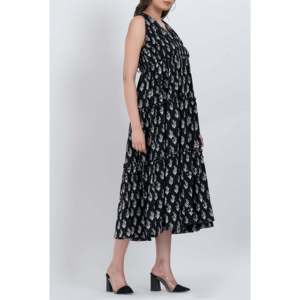 Vestido Midi Negro Floral con Cuello en V sin Mangas para Mujer, de Algodón Elástico, Corte Imperio, Transpirable, Estilo Fiesta para Club Nocturno - Product Image 2