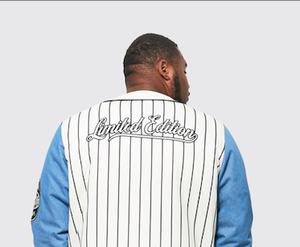 Veste d'université sans col grande taille pour hommes 2025 avec manches en jean et doublure intérieure matelassée - Product Image 5