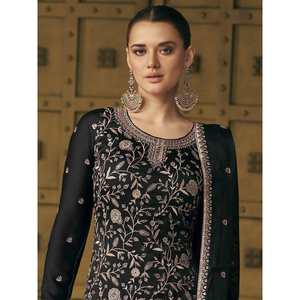 Traje Palazzo de Seda Suave para Mujer, Diseño Elegante Bordado en Negro - Product Image 3