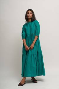 Robe Maxi Boho en Coton Bleu Sarcelle Décontractée à Niveaux et Couches Confortable avec Manches Longues et Poches Méthode de Tissage Tissé - Product Image 3